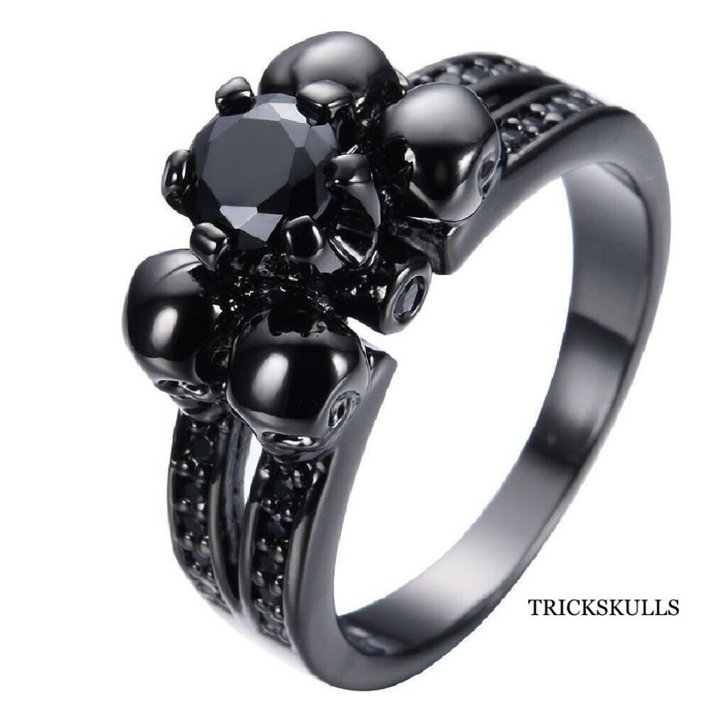 Four Skull Black Anodized Black Cubic Zirconia Gothic Metal Punk Ring Szs 8 9 10